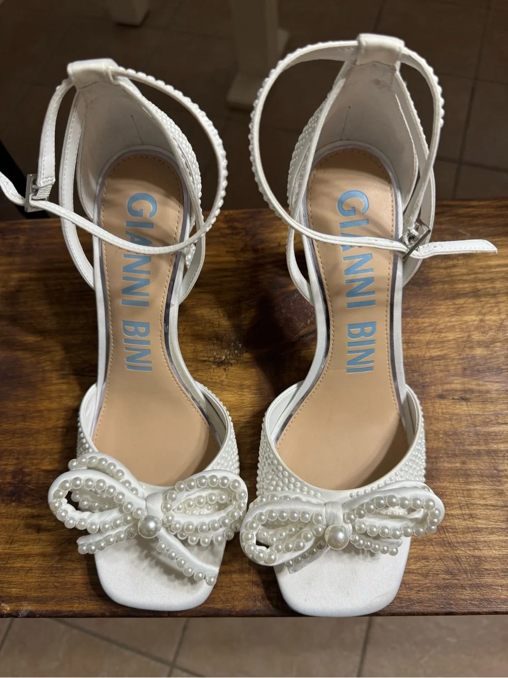 Gianni Bini Ivory Pearl Bow Ankle-Strap Heels